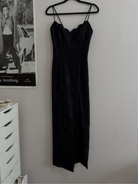 Black Lace Maxi Slip Dress with Spaghetti Straps and Side Slit